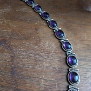 Sterling Silver Amethyst Cabochon Link Bracelet - Purple